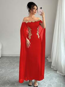 Rafferiza Váy đuôi cá dài trễ vai, eo thắt eo, họa tiết hoa vàng sang trọng, gợi cảm, thanh lịch, màu đen, xuân/hè - Fiery Red - Xem 6
