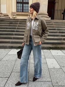 Vivie Lora Women's Loose Fit Military Green Embroidered Utility Jacket Women Coats - Army Green - View 6