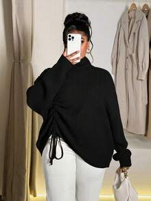 Maweii Áo len chui đầu thiết kế dây rút cổ cao cỡ lớn cho nữ - màu đen - Xem 5