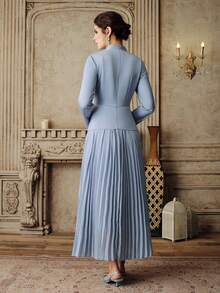 Anewsta Women's Elegant Pleated Long Sleeve Holiday Blue Winter Dress, A-Line Street Style Dress - Blue - View 2