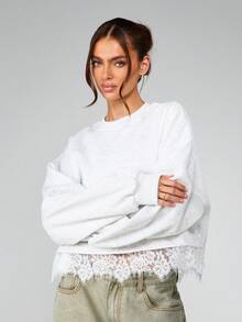 MISSGUIDED Women's Brushed Back Sweatshirt With White Lace Trim Hem Detail Long Sleeve Crew Neck Pullover Top For Fall Winter Season - Grey - View 5
