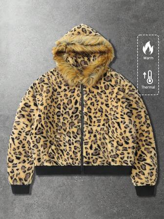 Veste à capuche texturée imprimé léopard pour hommes, style de rue américain, automne/hiver