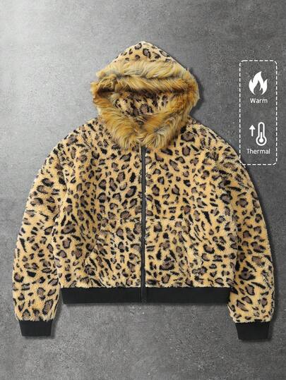 Veste à capuche texturée imprimé léopard pour hommes, style de rue américain, automne/hiver