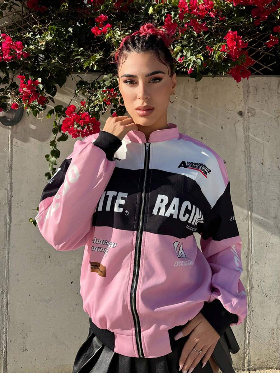 Bearsaez Letter Print Contrast Color Drop Shoulder Bomber Jacket For New Year Clothes Fall Winter Cloth For Women ,Petite Women - Pink - View 1