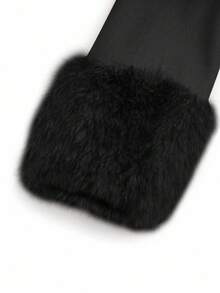 Lyrianda معطف صوفي مقاس كبير للنساء مع طوق من الفرو الاصطناعي ومرقع الخصر - الأسود - مشاهدة 4