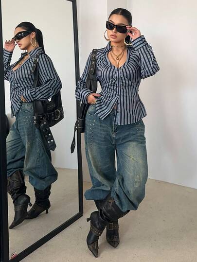 POPSWAY Plus Size Women Striped Long Sleeve Blouse, Spring/Autumn, Fitted Blouse, Button Up Top, Back To School, Women Autumn Shirt