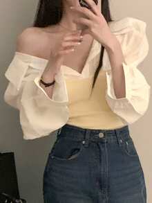 DAZY Áo sơ mi cài nút cổ bẻ 2 trong 1 không dây thời trang dành cho nữ - trắng - Xem 7