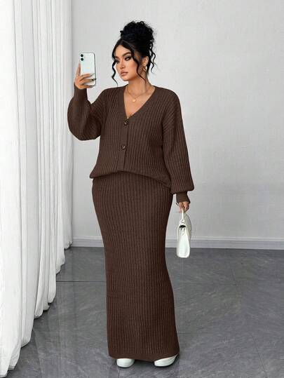 Elenzga Plus Size Women Casual V-Neck Loose Button Cardigan And Solid Color Skirt 2 Piece Set, Suitable For Daily, Work, Commute, Autumn/Winter