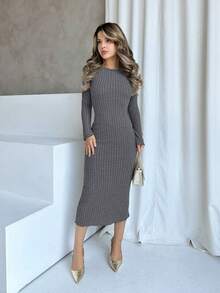 Jemour Vestido ajustado de punto acanalado negro sólido, para mujeres petite - Gris Oscuro - Ver 6