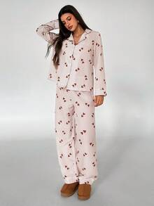 Aloruh 女士领口心形条纹长袖睡衣套装睡衣套装女士女士睡衣套装心形印花睡衣心形睡衣套装可爱睡衣套装条纹心形睡衣女士心形睡衣心形睡衣套装，秋季服装 - 棕色 - 查看 8