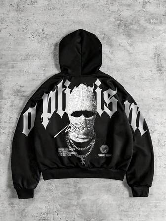 Felpa con cappuccio da uomo con stampa di personaggi di strada, vestibilità morbida