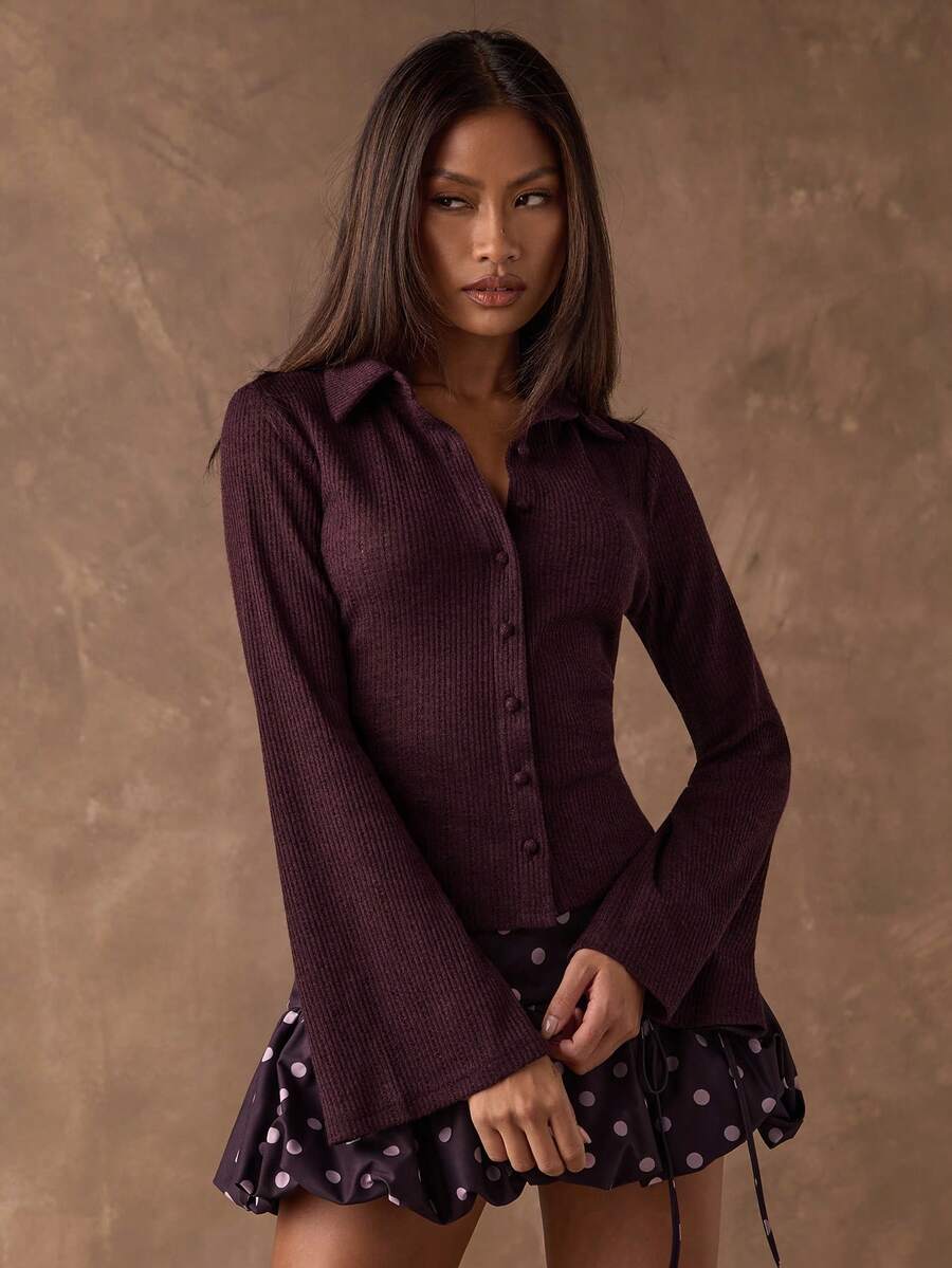 SHEIN BAE 女士酒红色针织提花修身休闲长袖衬衫/紫色上衣/春假/情人节/女士外出上衣/度假 - 紫紅色 - 查看 1