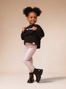SUMWON Girls Wild Child Hoodie And Leopard Print Leggings Co-Ord Set Long Sleeve Sweatshirt With Text Print Casual Outfit Vacation - Black - View 2