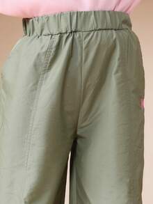 SUMWON Girls Seam Detail Wide Leg Elastic Waist Jogger Pants With Pink Embroidered Logo Casual Sweatpants For Everyday Comfort Vacation - Army Green - View 6