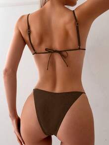 Swim Basics Ladies Fashionable Solid Spaghetti Strap Bra & Swim Bottom Two-Piece Bikini Set Bathing Suit, Summer Beach Vacation - Brown - View 2