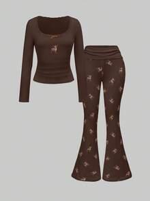 ROMWE J-Fashion Cute Deer Embroidered Lace Blouse Paired With Deer Print Flare Pants, Autumn/Winter