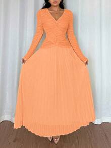 Rafferiza Robe élégante pour femmes à col V, avec boutons décoratifs, couleur unie, avec plis croisés et ourlet plissé - Orange - Voir 6