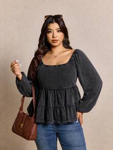 Elaquor Plus Size Women Square Neck Lantern Sleeve Ruffle Hem Casual Dark Grey T-Shirt Casual Shirt For Women Casual For Women - Black - View 7