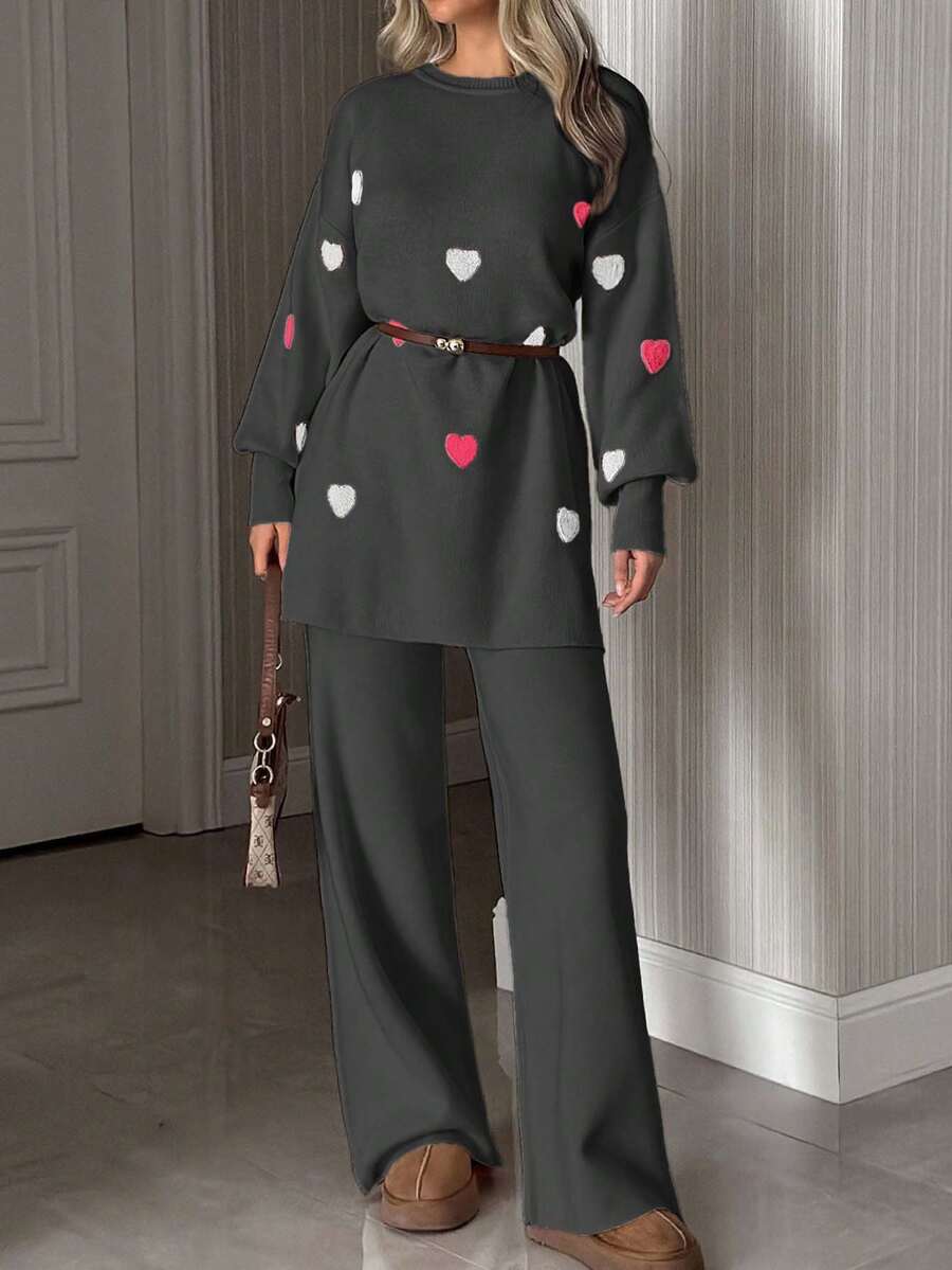 EURMUSE Women Heart Embroidery Balloon Sleeve Sweater And Pant Knit Set