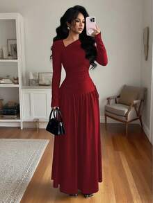 Elenzga New Women's Oblique Collar Long Sleeve Pleated Bowknot Design A-Line Waist Cinched Slimming Vacation Casual Elegant Long Dress, Spring/Autumn - Burgundy - View 3