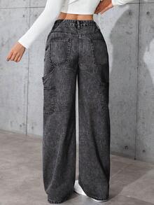 IDYLLIC Pantalones vaqueros cargo anchos para mujer de color gris, estilo casual y práctico, ideal para looks urbanos - Gris Oscuro - Ver 5
