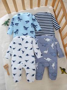 Set de 4 piezas de pijama de mono con pies y estampado de oso lindo y de moda para recién nacidos - Multicolor - Ver 2