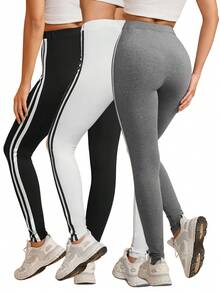 INAWLY Leggings casuales de cintura alta con rayas de contraste para mujer - Multicolor - Ver 2