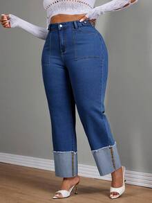 Slaydiva Quần jean ống đứng bó màu xanh phong cách cowgirl cho nữ cỡ lớn, viền cuộn, mùa thu - Rửa trung bình - Xem 7