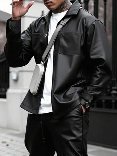 Manfinity LEGND Camisa de cuero de manga larga de un solo pecho de unicolor de PU para hombres, chaqueta de diseñador de camisa de cuero negra, para uso diario, ocio, viajes de fin de semana, actividades al aire libre, expediciones de viaje, entornos de trabajo relajados o ocasiones semi-formales, regalo para novio/esposo, regalo de aniversario, fiesta, Navidad