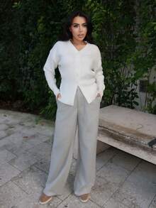 Durrani Popal Women's Premium Cinched Waist Knitted Cardigan Women Cardigan Button Up Cardigan Thin Cardigan V-Neck Cardigan Cropped Cardigan White Cardigan In Fall/Winter - White - View 5