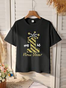Toddler Boys' Black Short Sleeve T-Shirt, Glitter Numeric & Letter Graphic, Casual & Fashionable For Spring, Summer And Daily Wear - Black - View 3