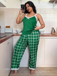 Miss Vinta Plus Size Contrast Color Lace Patchwork Camisole & Plaid Print Pants Pajama Set - Green - View 3