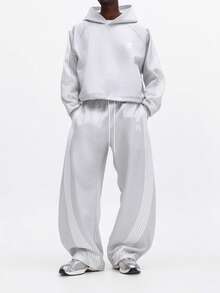SUMWON Oversized Hooded Sweatshirt And Wide Leg Sweatpants Matching Set With Centre Pocket Ribbed Cuffs Casual Loungewear Tracksuit For Winter Fall Spring Plain - Light Grey - View 1