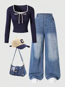 Sparklyn 2-Piece Classic Spring/Fall Casual Comfort Set For Teen Girls: Navy Knit Fabric T-Shirt With Lace Trim, Square Neckline, And Dimensional Bow Detail Paired With Blue Wide-Leg Denim Pants. Suitable For Everyday Wear, Shopping, Sports, And More. - Multicolor - View 1