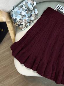 GlowEve Women's Autumn New Solid Color Rope Floral Pattern Classic Design Casual Girly Everyday Versatile Loose Hem Knit Sweater Skirt - Red Violet - View 3