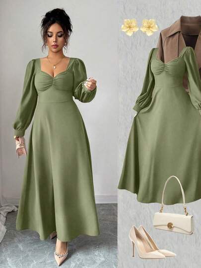 Elenzga Vestido largo con cuello cuadrado, mangas abultadas y cintura ceñida, elegante y apropiado para el uso diario