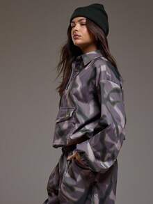 MUSERA Graphic Printed Collared Cinched Cropped Nylon Shirt Coord Top Only Fall Autumn  Coolgirl Cosy Cute Outdoors Explorer Spring Summer - Coffee Brown - View 3