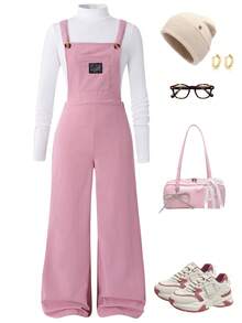 SHEIN Sparklyn Bộ 2 áo phông và quần yếm đa năng thường ngày cho bé gái tuổi teen, áo phông trắng đơn giản, quần yếm vải gân có túi và logo thêu, thích hợp cho các buổi đi chơi mùa thu/đông, đi bộ, mua sắm, đi làm - Hồng - Xem 3