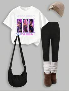 SHEIN 2pcs/Set KPOP Graphic Print Top, Tween Girl Crew Neck Sweatshirt And Leggings Set, Fashionable Casual, Suitable For Autumn/Winter - Multicolor - View 3