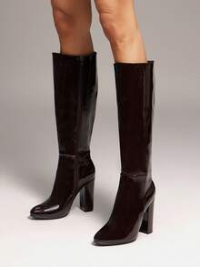 SHUZIA Women's Comfortable Patent PU Block Heel Knee-High Boots With Side Zipper - Chocolate Brown - View 2