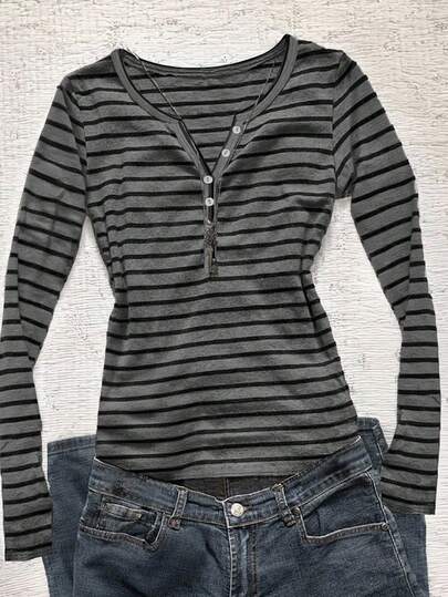 Noixe 여성 캐주얼 버튼 하프 플래킷 스트라이프 긴팔 티셔츠