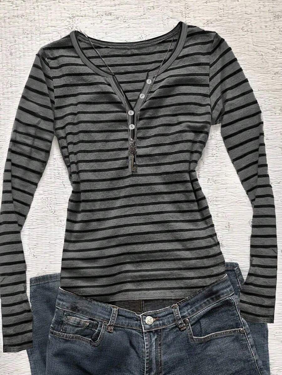 Glimmora 女式休闲纽扣半襟条纹长袖T恤