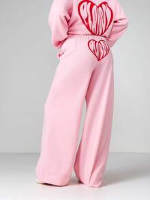 Missguided x Playboy 情人节爱心印花阔腿慢跑裤，抽绳设计，侧边口袋，休闲粉色家居服 - 粉色 - 查看 2