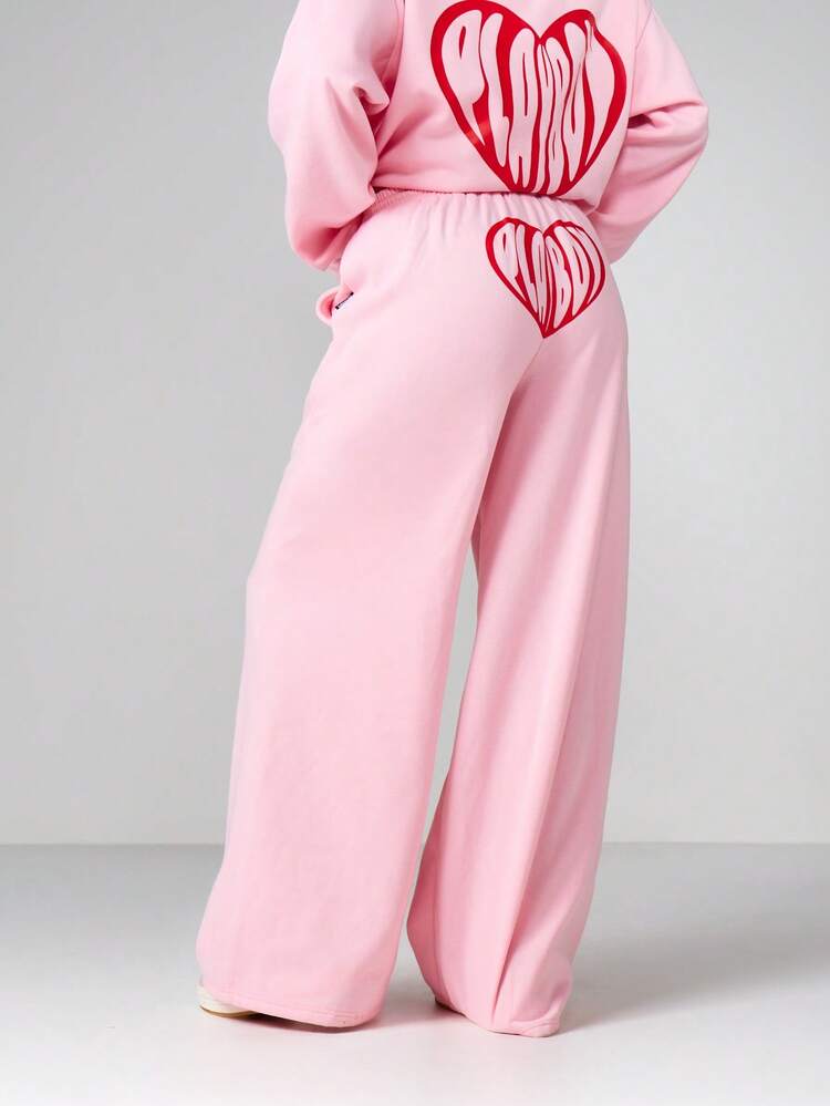 Missguided x Playboy Valentines Heart Print Wide Leg Joggers Drawstring Sweatpants With Side Pocket Casual Pink Loungewear
