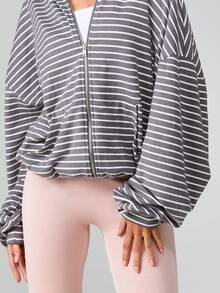 MISSGUIDED Oversized Striped Fleece Hoodie Without Drawstring Long Sleeve Casual Pullover Sweatshirt For Fall Winter Loungewear - Multicolor - View 3