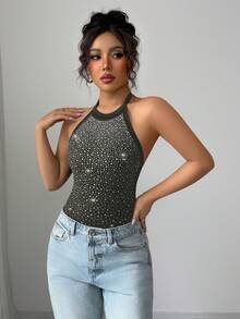 Selianne Women's Rhinestone Embellished Halter Bodysuit - Grey - View 5