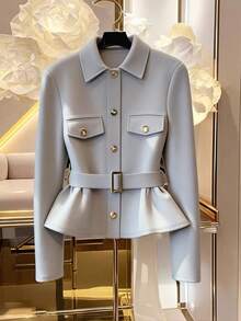 Franclia Women's Elegant Waist Cinched Long Sleeve Jacket With Faux Pockets, Autumn/Winter - Light Grey - View 1