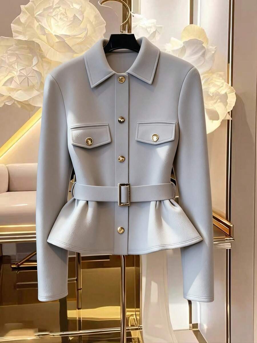 Franclia Women's Elegant Waist Cinched Long Sleeve Jacket With Faux Pockets, Autumn/Winter - Light Grey - View 1