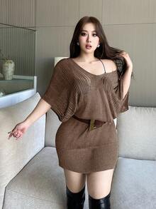 Vibekara 优雅简约V领镂空针织修身毛衣连衣裙 - 棕色 - 查看 5