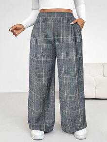 Shapeblank Pantaloni larghi a vita elastica in stile retrò a quadri marroni, caldi e comodi, per uso quotidiano, casual, adatti per donne taglia forte, pantaloni da donna, pantaloni da lavoro, abbigliamento invernale da donna